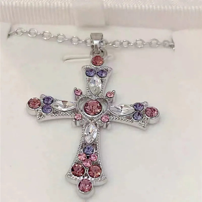 Y2K Zircon Cross Necklace Pink Purple Love Heart Cross Pendant Necklaces for Women Gothic Jewelry Party Girls Accessories 2023