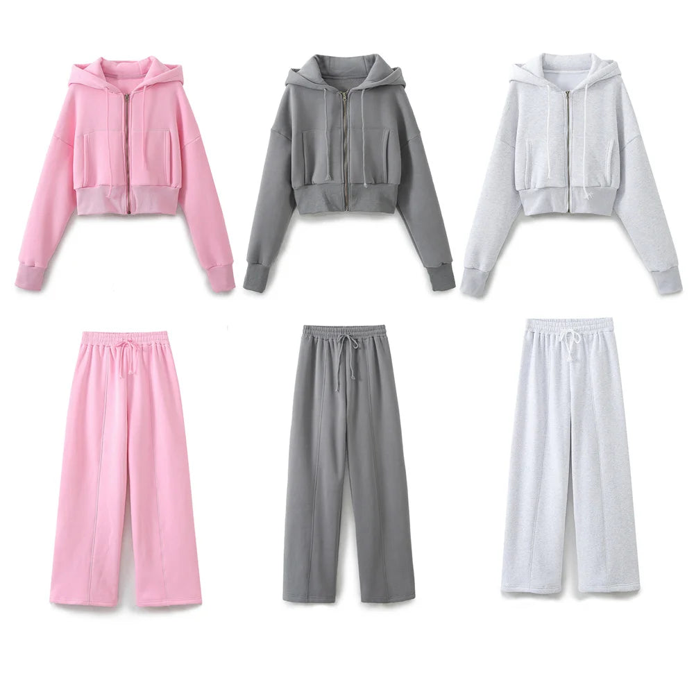 TRAF 2024 Spring Female Casual Hoodies Zipper Coats+Elastic Waist Baggy Pants 2 Pieces Set Elegant Loose Solid Pink Grey Pants