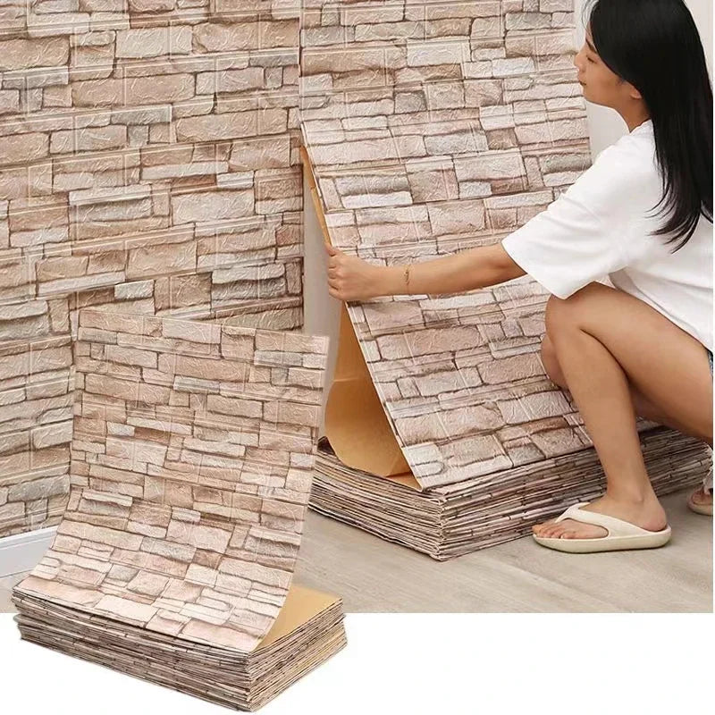 2m Long 3D Brick Wall Stickers DIY Decor Self-Adhesive Waterproof Wallpaper for Kids Room Bedroom Kitchen Home Wall Decor