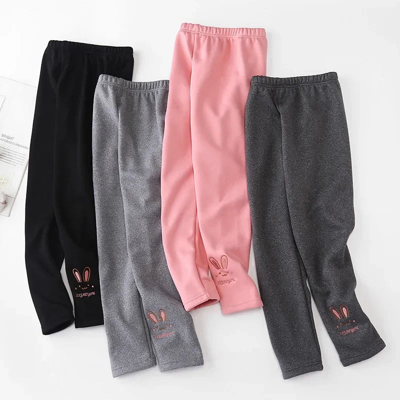 Autumn Winter Baby Girls Leggings Thick Warm Cute Rabbit Pants Kid Girl Plus Velvet Pants Children Solid Trousers 2-8Years