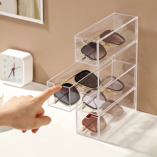 Acrylic Sunglasses Organizer Eyeglass Case Clear Eyeglass Display Holder Eyewear Display Case With 4 Drawers For Women And Men