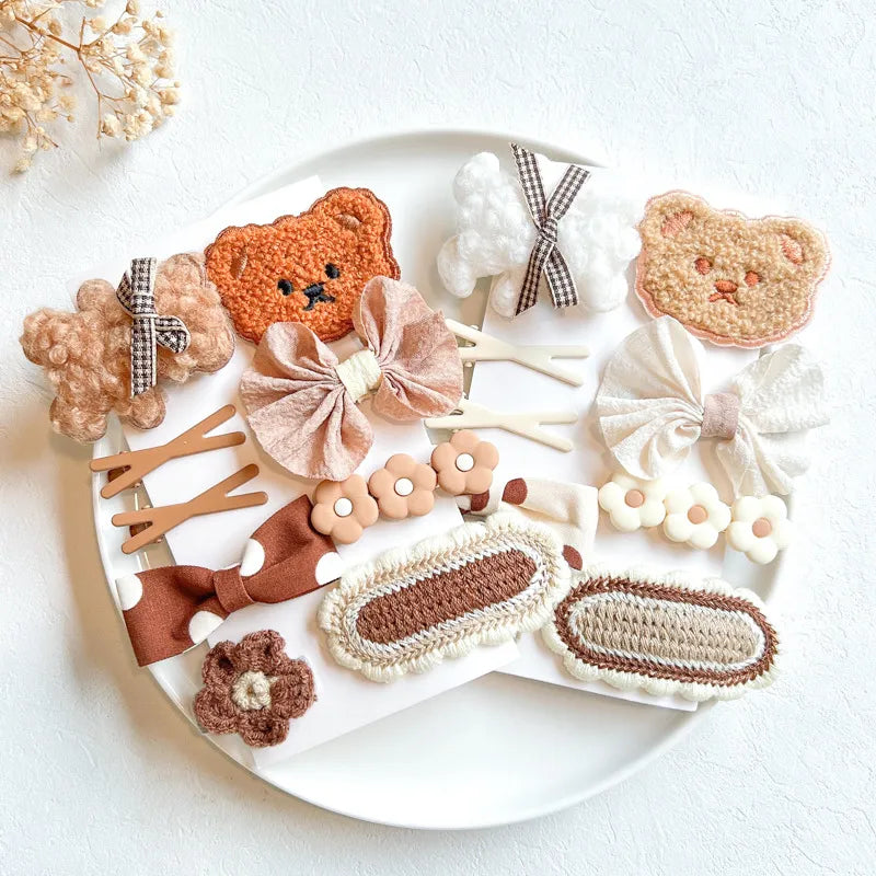 9Pcs/Set Cartoon Baby Girl Hair Clips Cute Bear Children Hairpin Bowknot Knitted Flower Kids Barretees Baby Hair Accessories