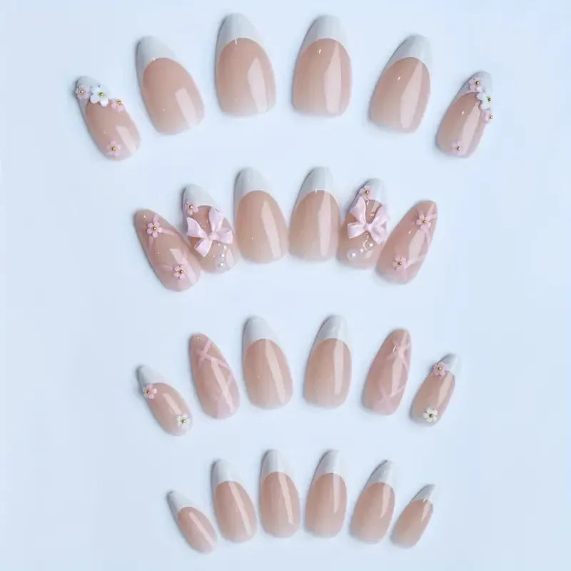 24pcs French False Nails 3D Bow Knot Flowers False Nails Pink Almond Press-on Nail Ballet Style Imitation Pearl Design Nail Art