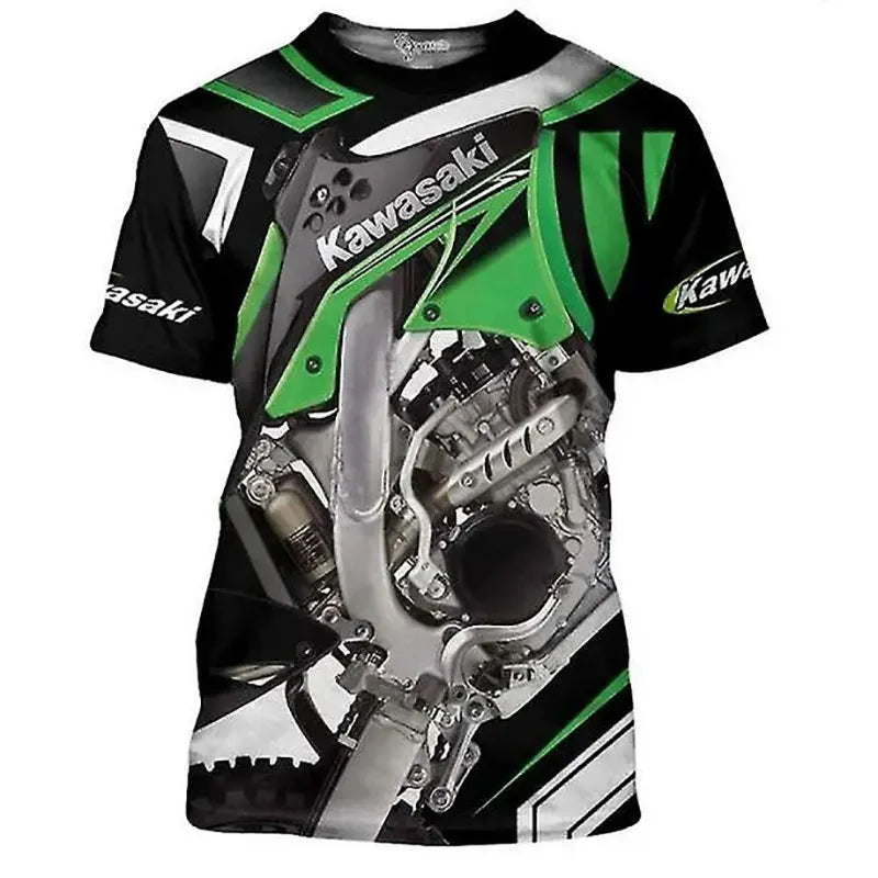 Men's 2024 Summer New Kawasaki Motorcycle T-shirt 3D Digital Print Riding T-shirt Women's Children's Sports Top