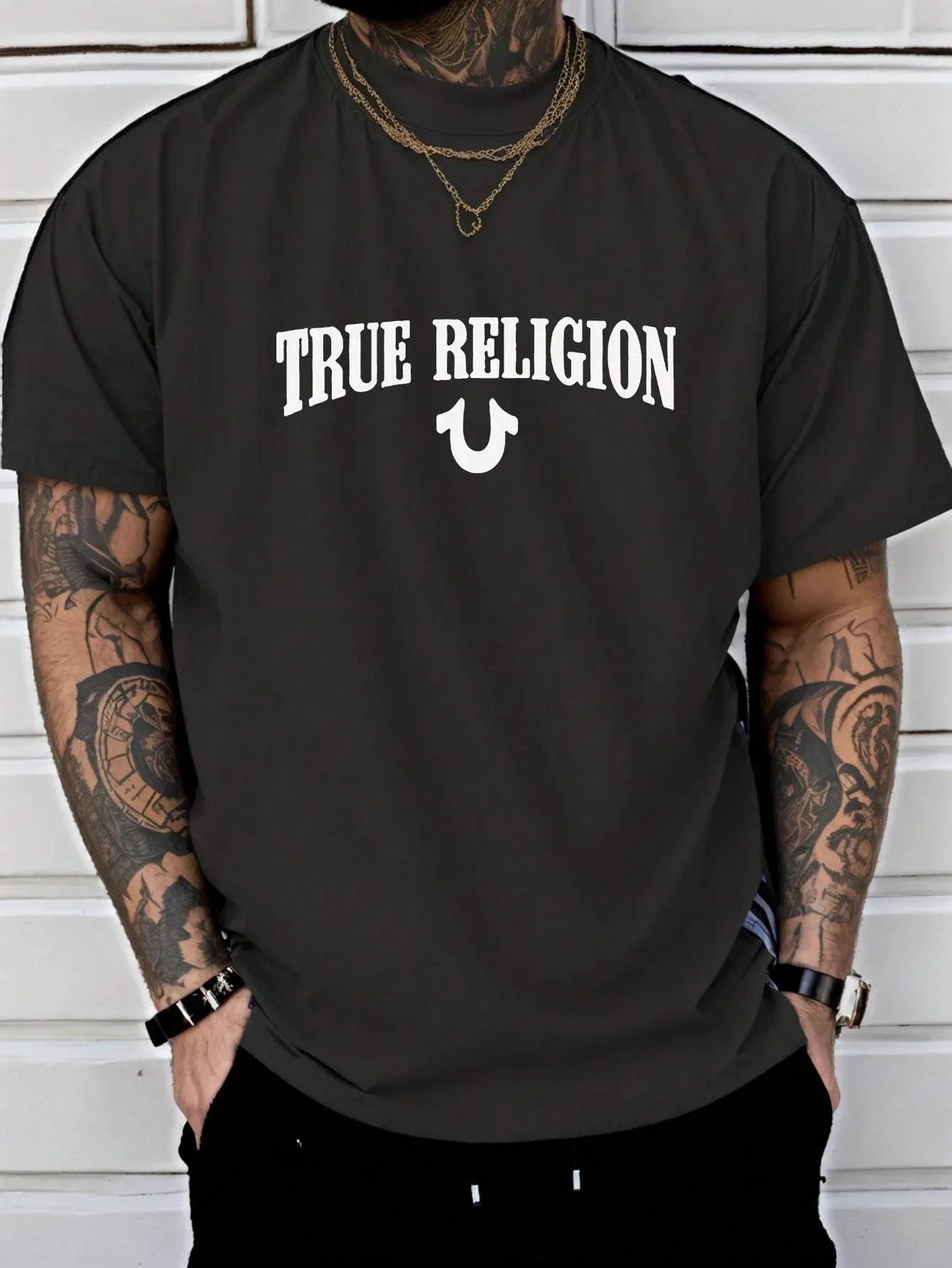 True Religion Men Cotton T-shirt Luxury Brand Fashion Big Size Top Casual Short Sleeve Streetwear Classic Print New Arrival Tee