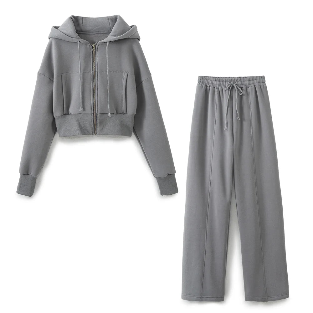 TRAF 2024 Spring Female Casual Hoodies Zipper Coats+Elastic Waist Baggy Pants 2 Pieces Set Elegant Loose Solid Pink Grey Pants