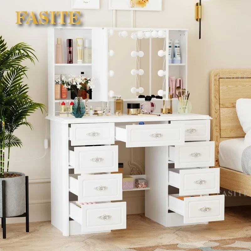 White Makeup Vanity Desk with 15 Light Bulbs & 3 Mirrors, Modern Vanity Table Dressing Table with 9 Drawers