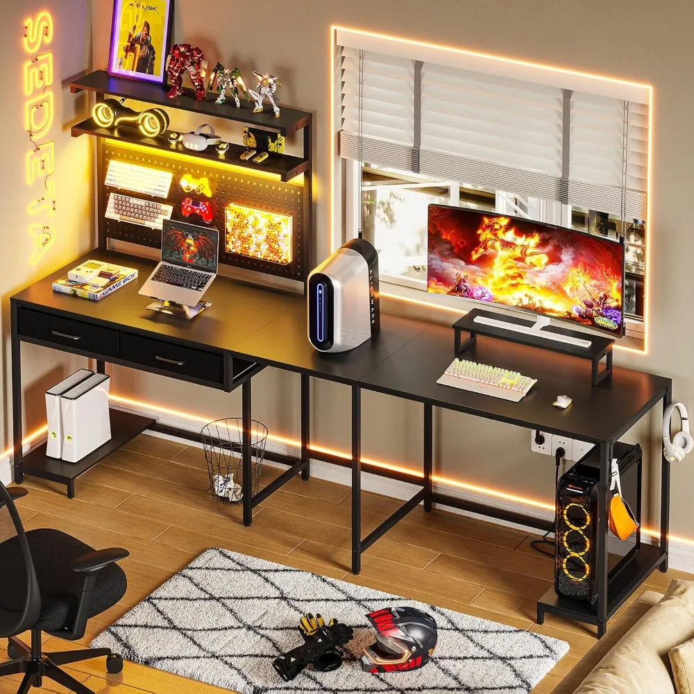 SEDETA L Shaped Gaming Desk with LED Lights, Pegboard and Drawers, Gaming with Hutch, Computer with Monitor Stand,