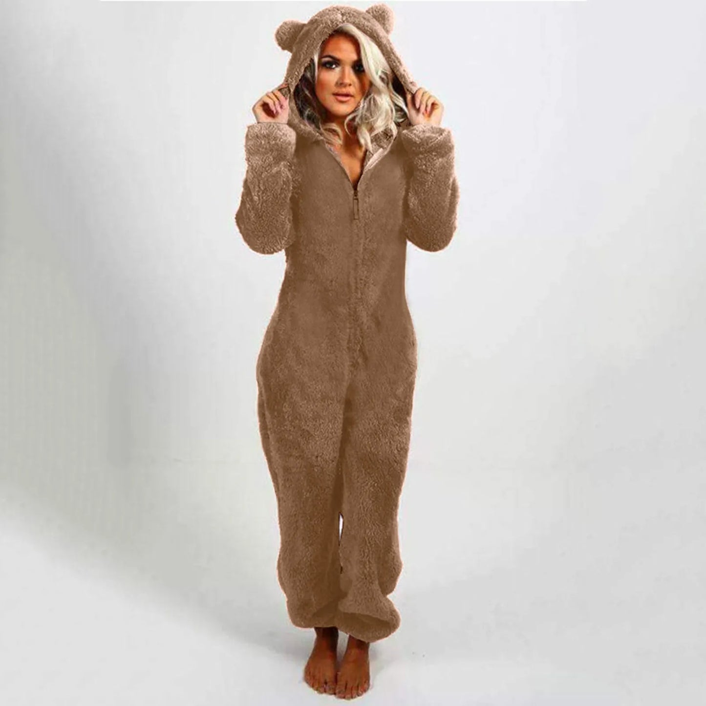 Winter Warm Pyjamas Women Onesies Fluffy Fleece Jumpsuit Sleepwear Overall Hood Sets Overall Plus Size Hood Adult Warmer Overcot