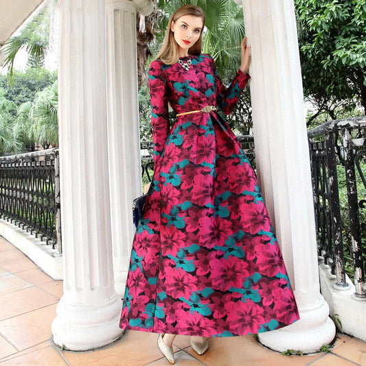 Women Long Sleeve Long Maxi Autumn Winter Dress Elegant Boho Fashion Good QualityFloral Jacquard Vintage Dress