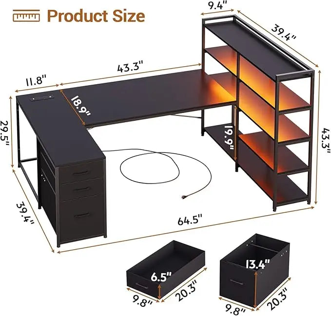 SEDETA L Shaped Gaming Desk, Reversible U Shaped Computer Desk with Power Outlet and Storage Shelves, Corner Gaming Desk