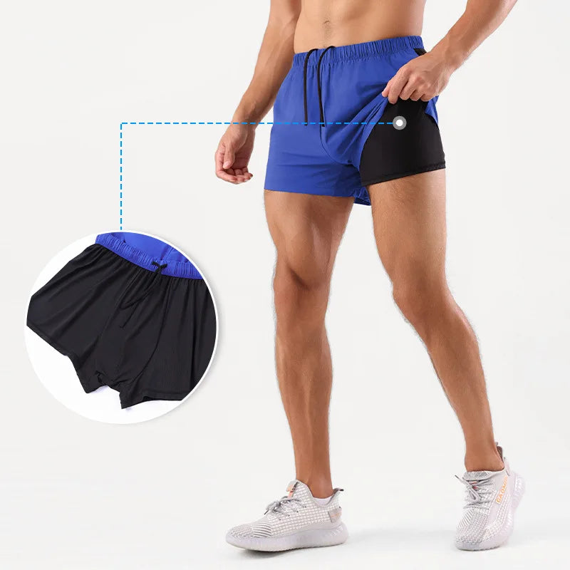 Men's Running Shorts Quick-drying Fitness Black Double Layer Shorts Men Pocket Sport Workout Training Bodybuilding Short Pants