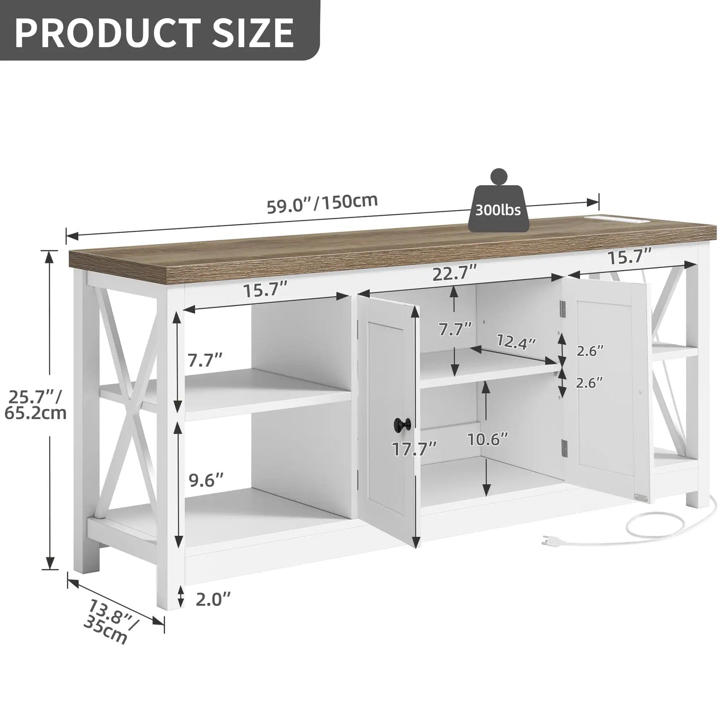 White TV Stand up to 65 Inches w/Power Outlets Farmhouse Entertainment Center Cabinet with Storage for Living Room