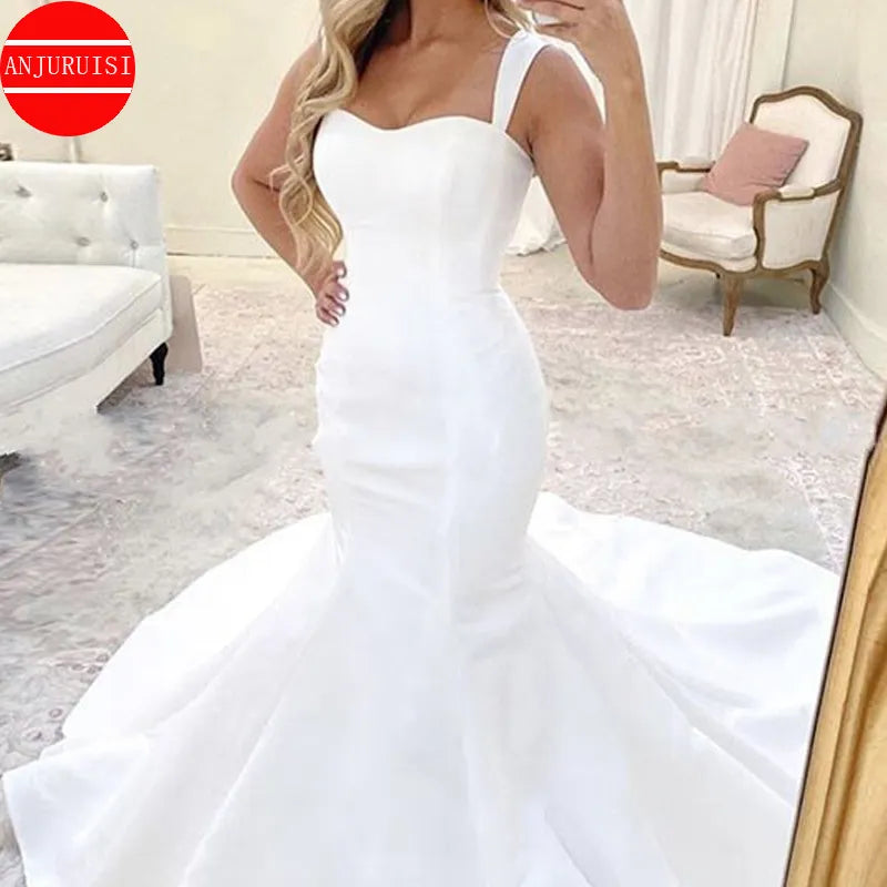 Simple Mermaid Wedding Dresses For Women 2022 Bride Gowns Spaghetti Straps Satin Lace Up Back Vestidos De Novia Suknia Ślubna