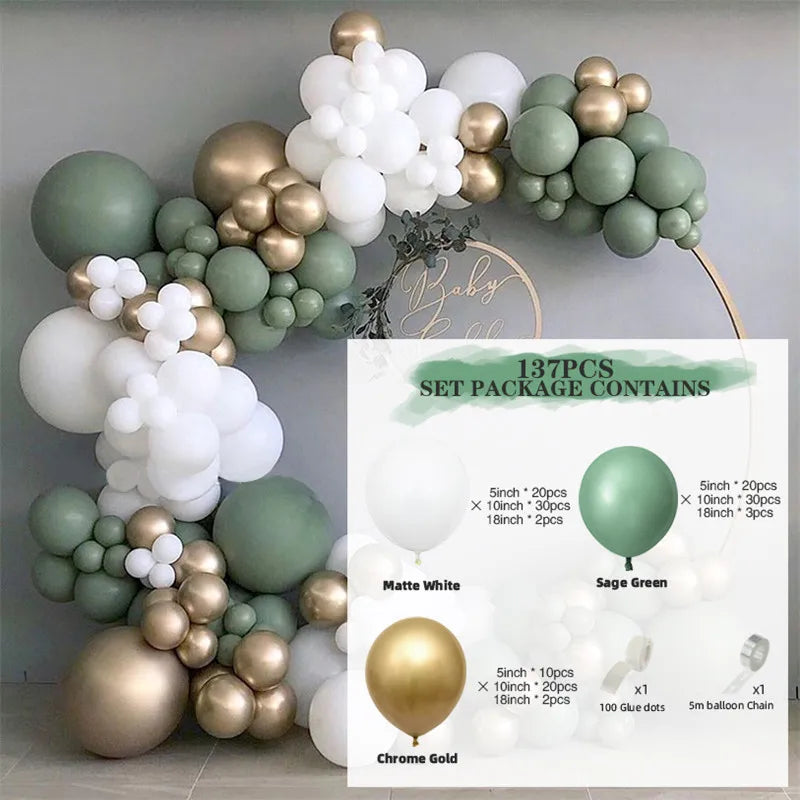 137pcs Green Sage Balloon Arch Kit Garland Wedding Decoration Matte White Ballon Birthday Party Baby Shower Decor & air pump