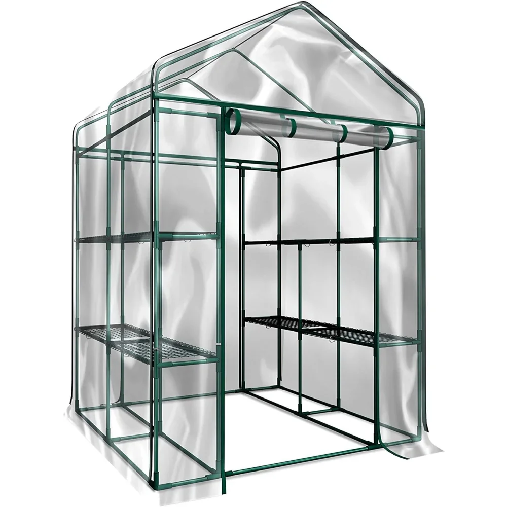 Greenhouse - Walk in Greenhouse with 8 Sturdy Shelves and PVC Cover for Indoor or Outdoor Use - 56 x 56 x 76-Inch Green House