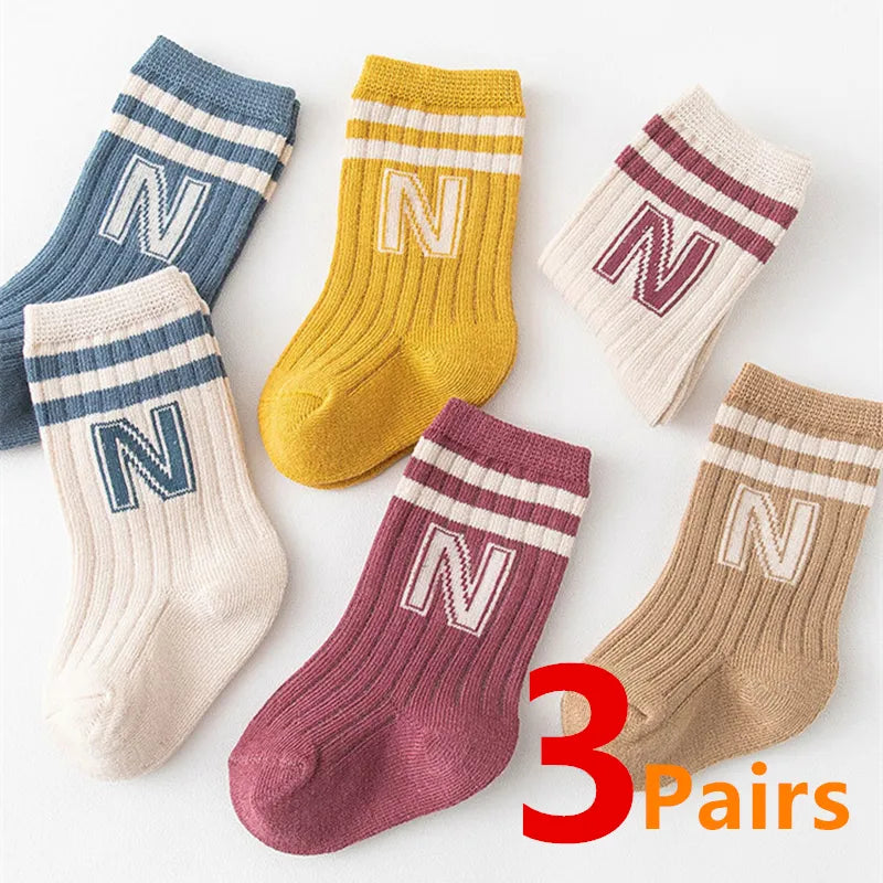 3 Pairs Children Knit Soft Cotton Letter Socks Kids Long Knee High Socks Infant Toddler Baby Boys Girls Cute Stripe Socks