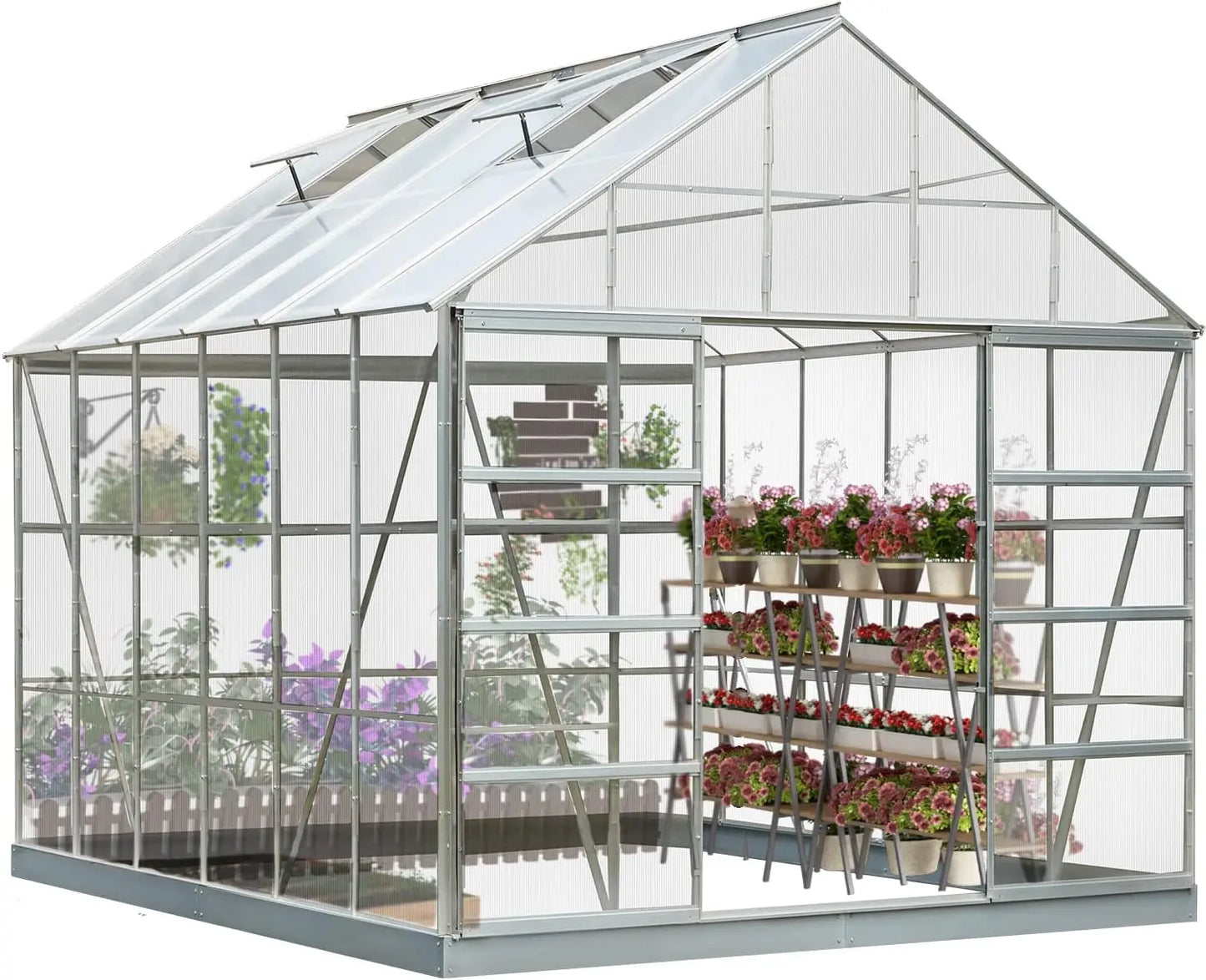 12' x 10' Greenhouse for Outdoor Outside Walk-in Hobby Green House for Plants with Polycarbonate Aluminum Frame Adjustable