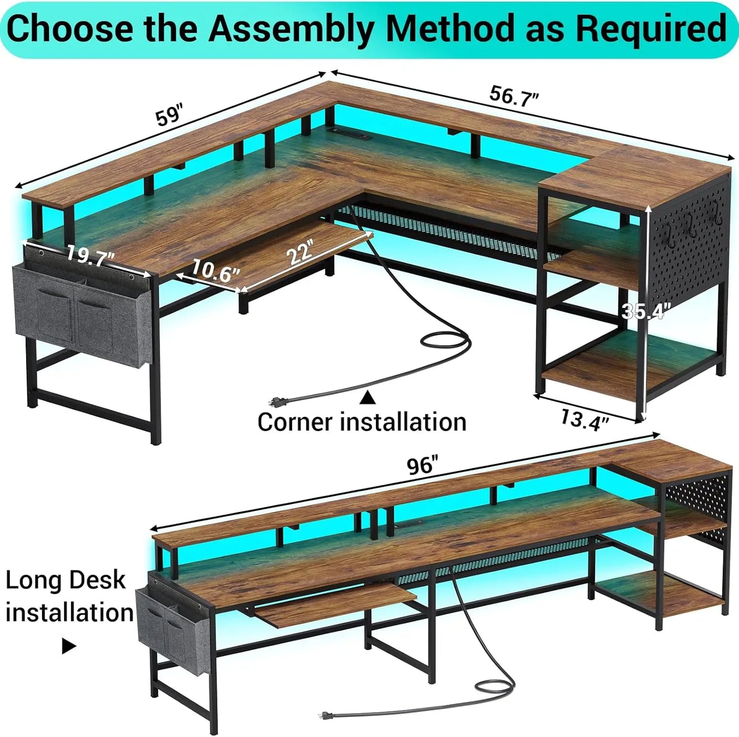 SEDETA L Shaped Gaming Desk, Reversible Home Office Desk or Corner Desk, Gaming Desk with Power Outlets & LED Strip, Monitor