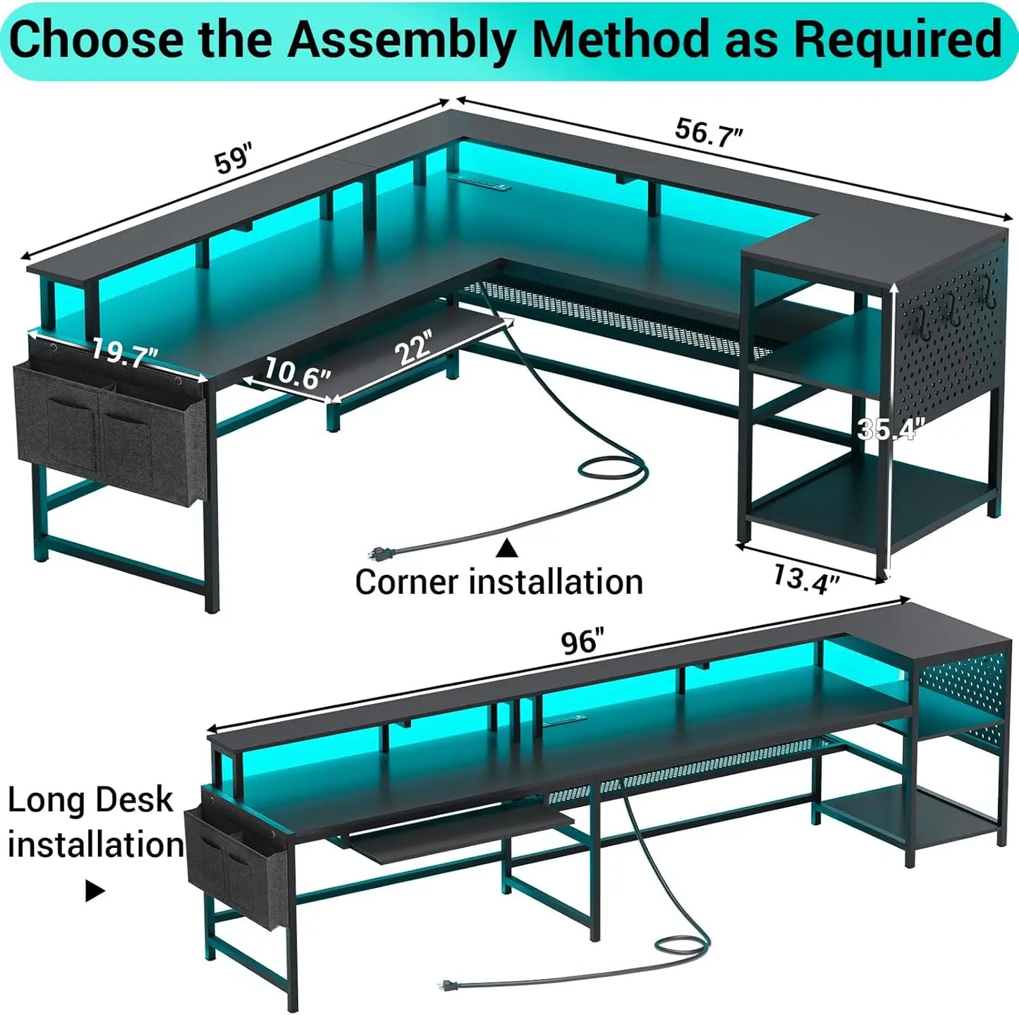 SEDETA L Shaped Gaming Desk, Reversible Home Office Desk or Corner Desk, Gaming Desk with Power Outlets & LED Strip, Monitor