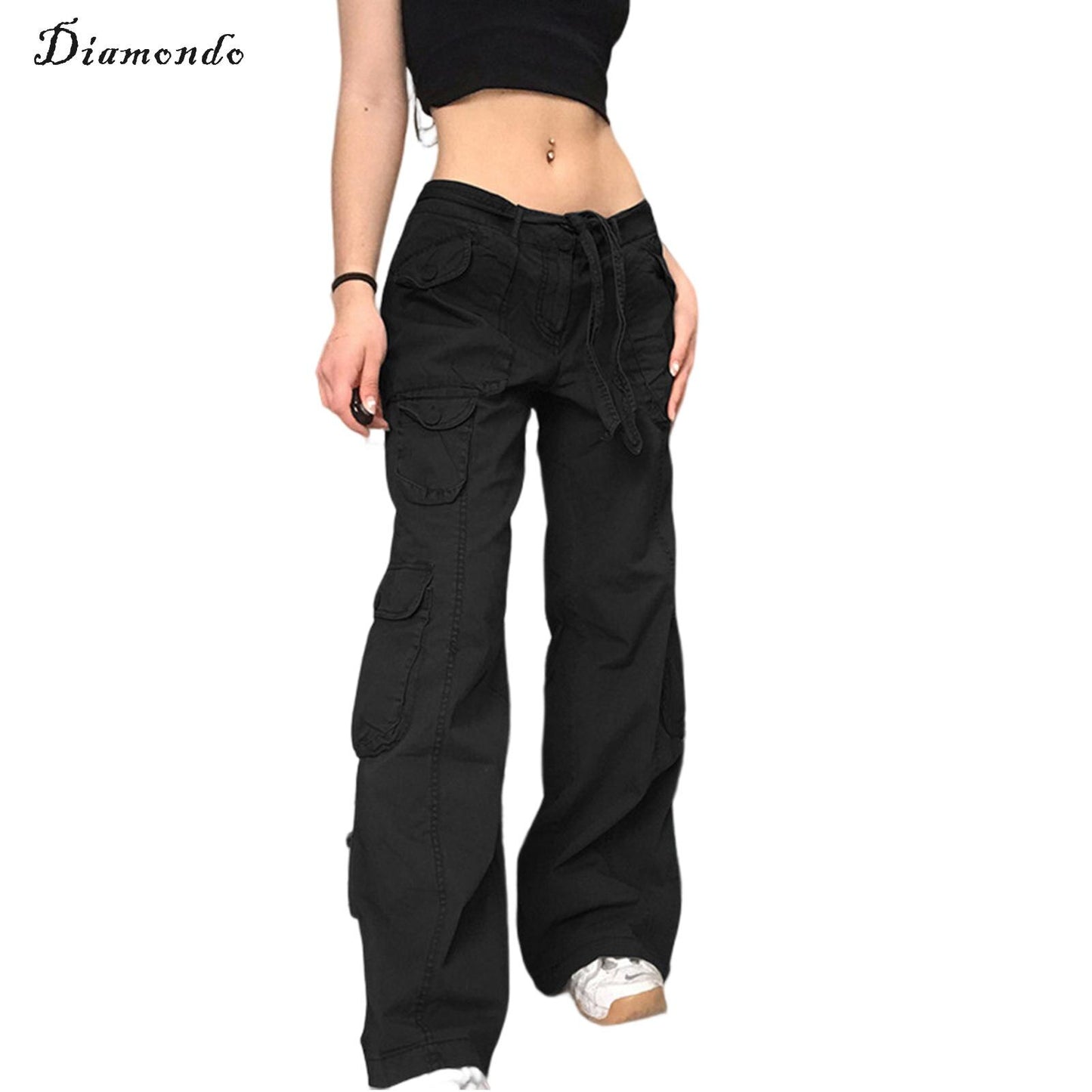 Women Wide Leg Denim Trousers Drawstring Belt Retro Baggy Parachute Pants Jeans High Waist Button Decor Multi Pockets Streetwear