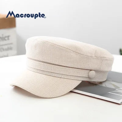 Women's Hat Flat Cap Military Cap Spring Autumn Linen Octagonal Cap Solid Color Flat Top Military Hats Young Student Hat Female