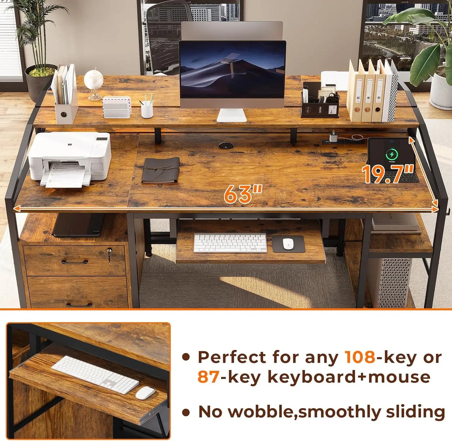 SEDETA 63" Computer Desk, Office Desk with Lockable Drawers for Legal/Letter File, Gaming Desk with LED Lights & Power Outlet,