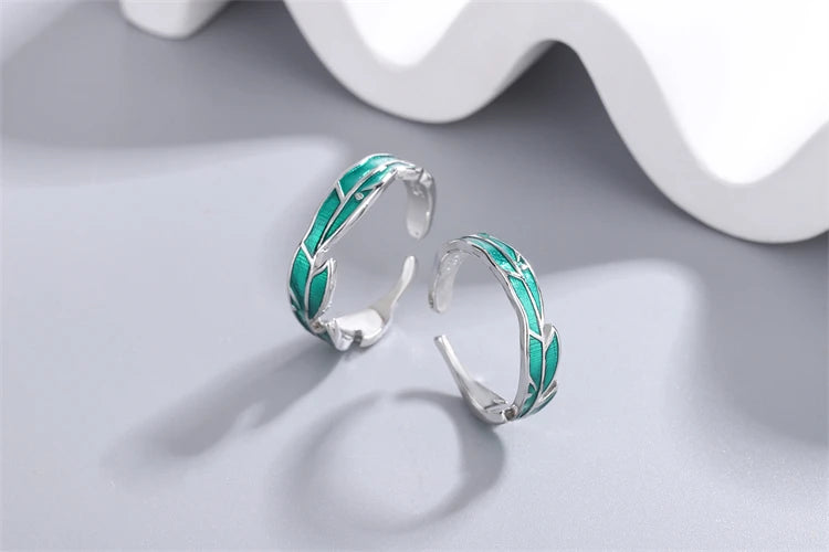 Sole Memory Rainforest Plantain Leaves Green Cool Sweet Romantic Silver Color Female Resizable Opening Rings SRI414