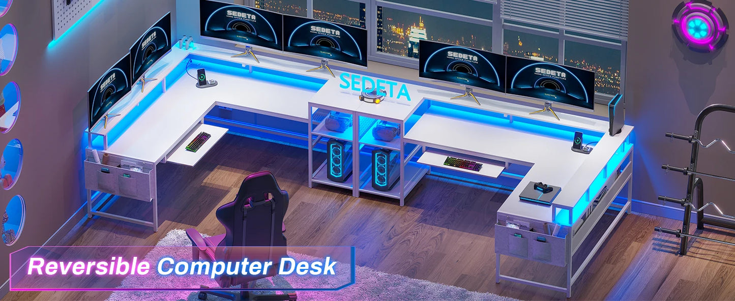 SEDETA L Shaped Gaming Desk, Reversible Home Office Desk or Corner Desk, Gaming Desk with Power Outlets & LED Strip, Monitor