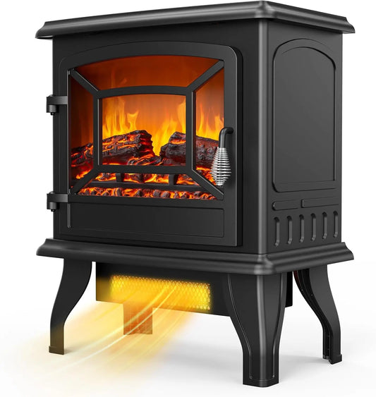 20" H Electric Fireplace Stove Space Heater, 1400W Portable Freestanding with Thermostat, Realistic Flame Logs