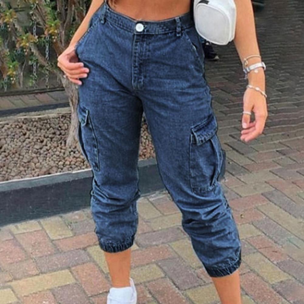 y2k Women Denim Cargo Pants Ninth Jeans Multi Pockets High Waist Ankle-banded Summer Casual Ninth Trousers calça jeans feminina