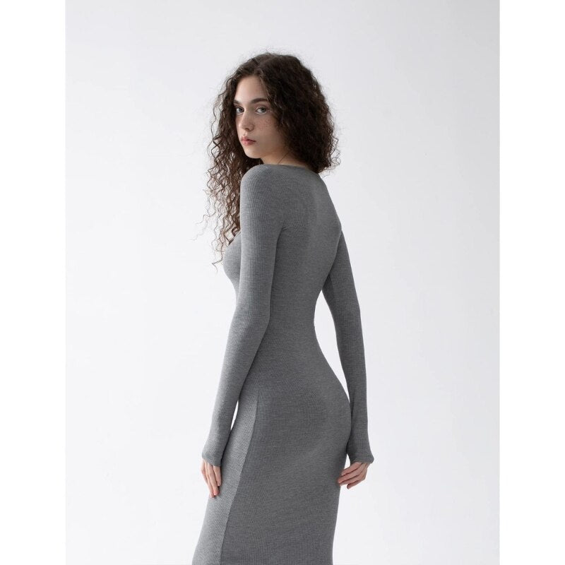 Women Long Sleeves Dress Sexy Square Neck Dress Soft Lounge Ribbed Maxi Dress Fashion Solid Bodycon Dress for Daily Wear