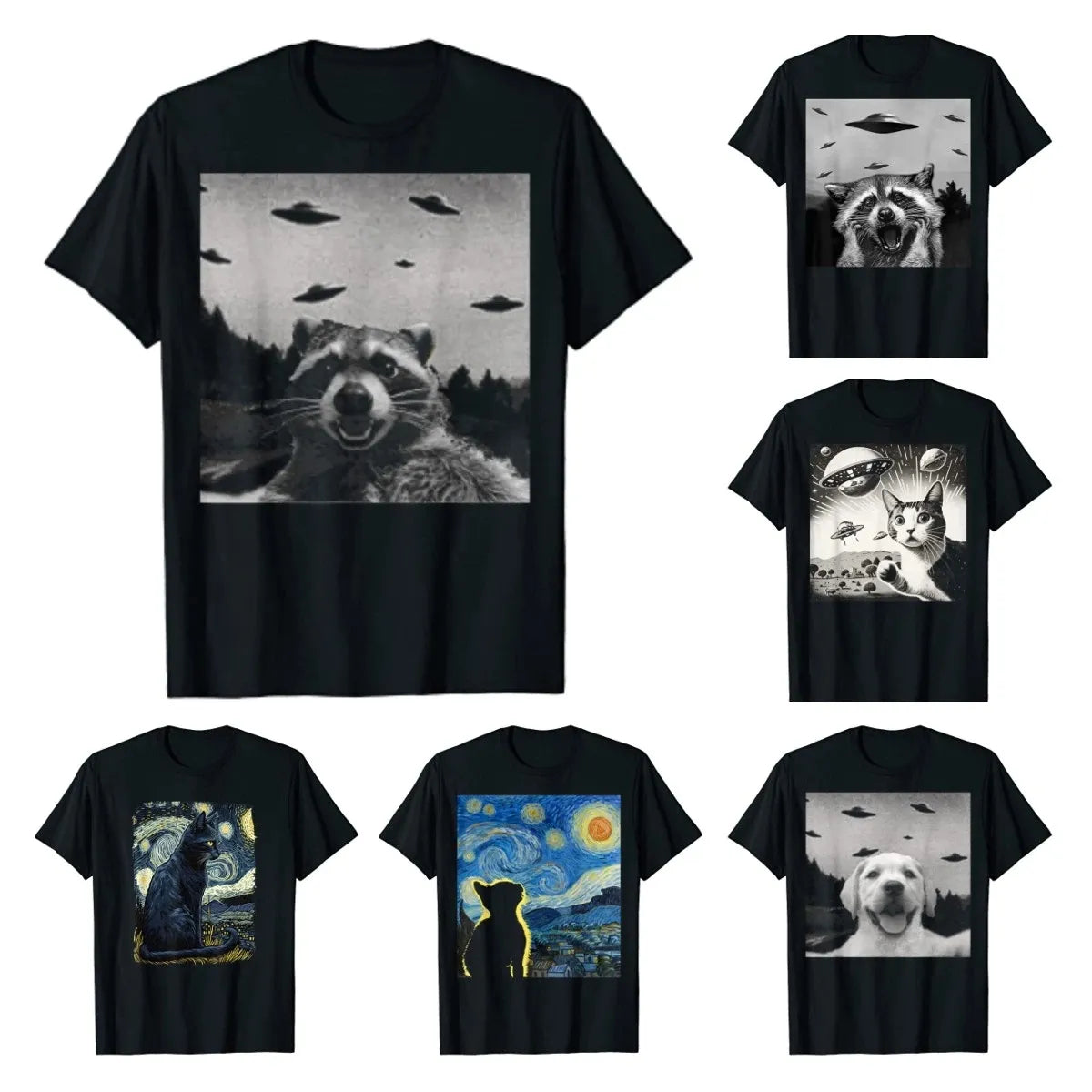 Alien UFO Funny Cat Dog Raccoon T-Shirt Cute Animal Print Graphic Tee Tops Lovely Alien Men Clothing Daddy Husband Brother Gifts