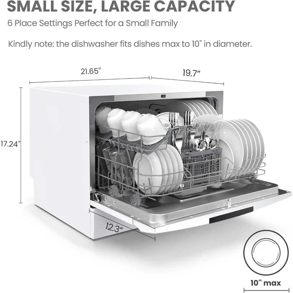 Portable Mini Dishwasher, Countertop, 6 Place Settings, with 8 Washing Programs, Speed, Baby-Care, ECO& Glass, Dish Washer