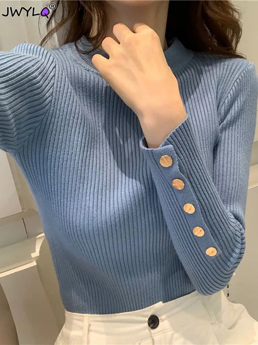 Turtleneck Button O-neck Chic Sweater Women Autumn Winter Slim Knitted Top Soft Jumper Casual Thick Sweater Pullovers Streetwear