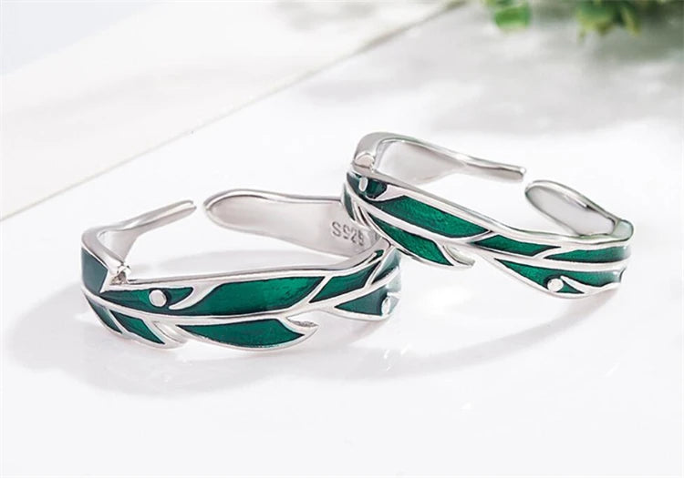 Sole Memory Rainforest Plantain Leaves Green Cool Sweet Romantic Silver Color Female Resizable Opening Rings SRI414