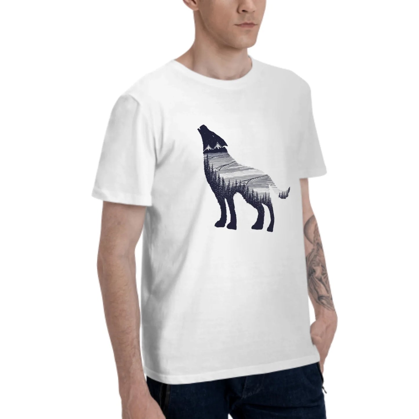 Drawing Wolf Men's Short-Sleeved 100% Cotton Unisex Fashion Casual Summer Tops Round Collar T-Shirts Black White Tees