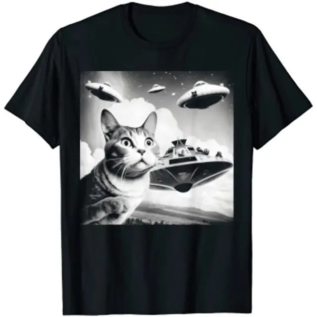 Alien UFO Funny Cat Dog Raccoon T-Shirt Cute Animal Print Graphic Tee Tops Lovely Alien Men Clothing Daddy Husband Brother Gifts