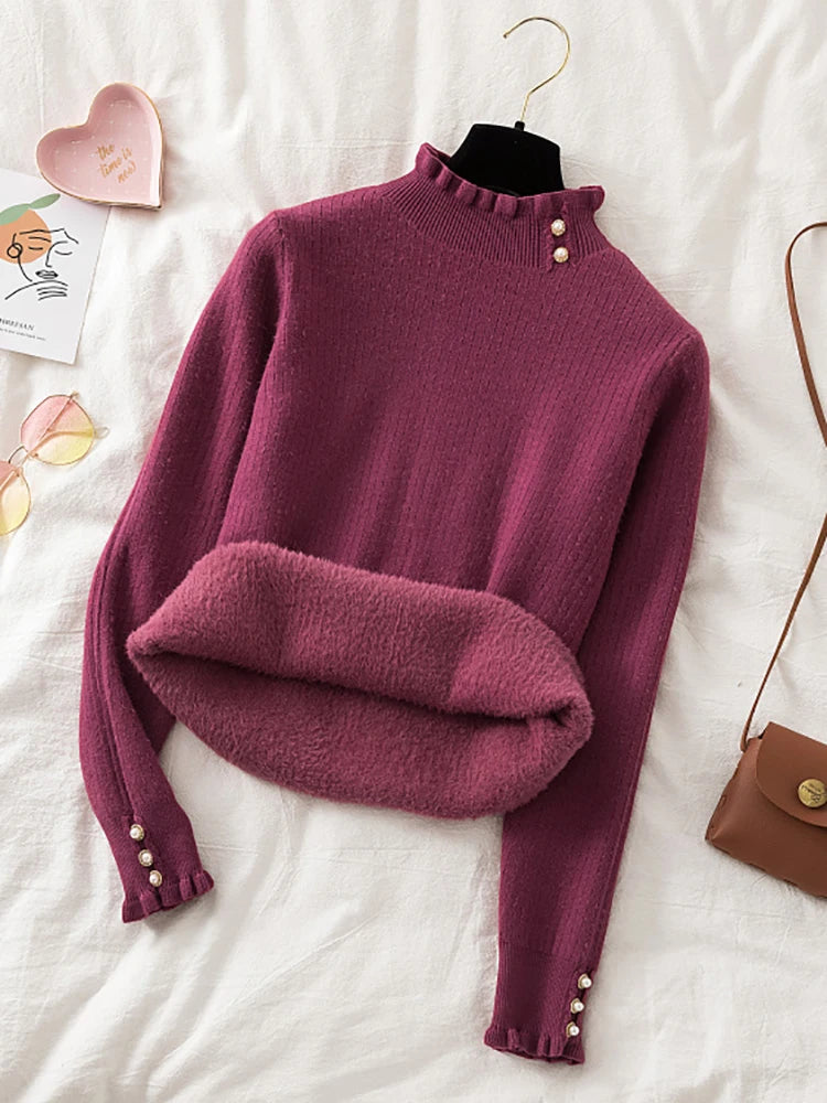 2024 velvet Fashion Women's Turtlenecks Sweaters Striped Long Sleeve Knitted Pullovers Females Jumpers  Thick Sweaters Fall