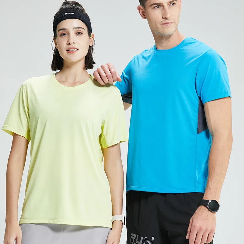 Men's Bodybuilding T-Shirt Elastic Quick Dry Sport Tops Athletic Gym Workout Short Sleeves Women's Yoga Tee Running Clothes