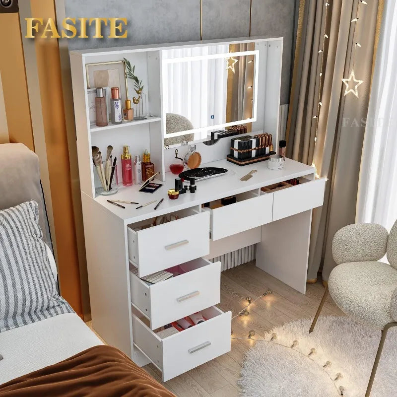 White Makeup Vanity Desk with 15 Light Bulbs & 3 Mirrors, Modern Vanity Table Dressing Table with 9 Drawers