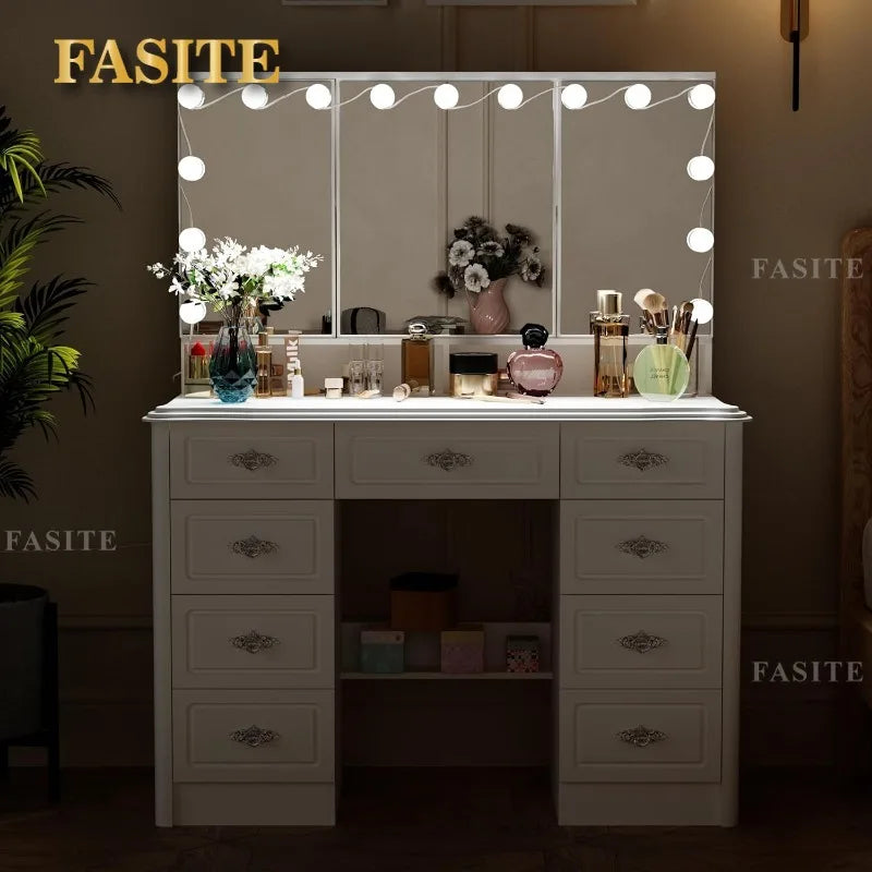 White Makeup Vanity Desk with 15 Light Bulbs & 3 Mirrors, Modern Vanity Table Dressing Table with 9 Drawers