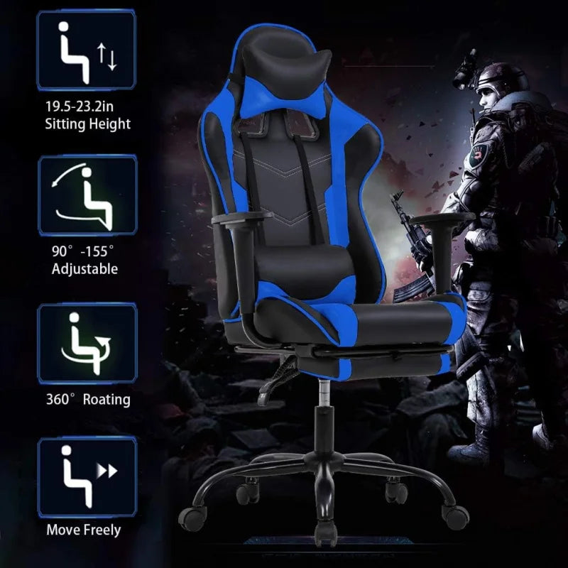 Swivel Desk Chair,Reclining Computer Lumbar Support and Headrest,Racing Style Video Gamer (Blue)