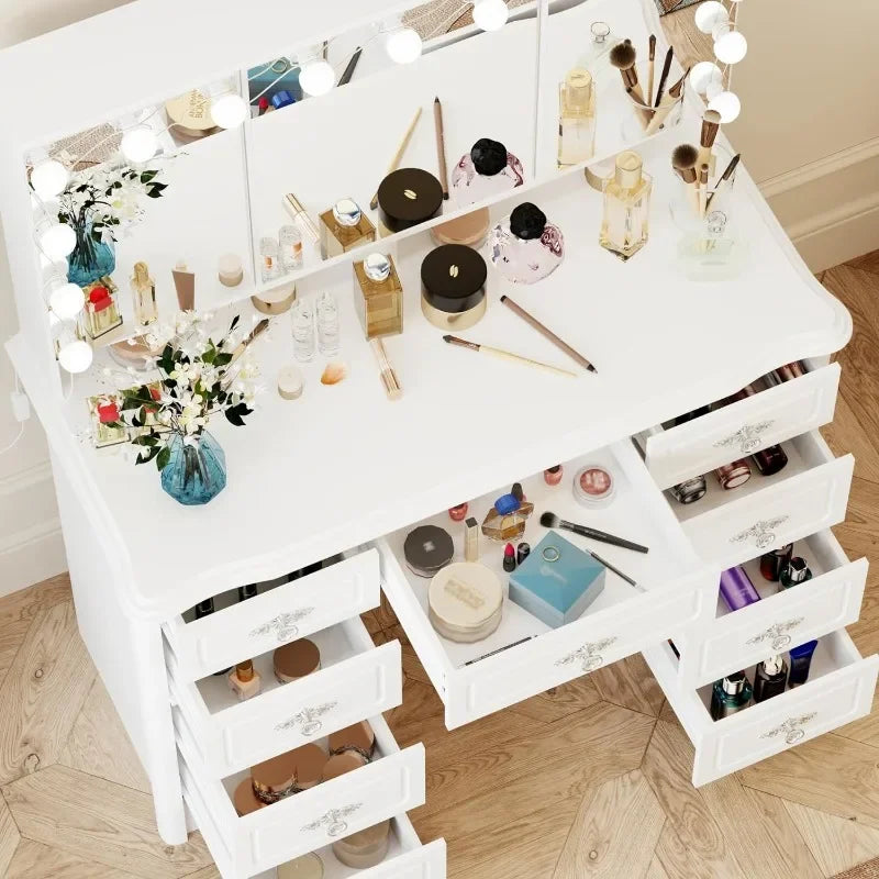 White Makeup Vanity Desk with 15 Light Bulbs & 3 Mirrors, Modern Vanity Table Dressing Table with 9 Drawers