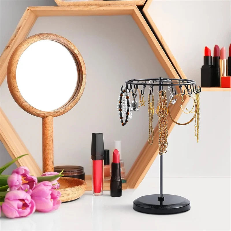 Rotating Metal Jewelry Stand 23 Hooks Detachable Hanging Shelf Earrings Necklace Bracelet Ring Organizer Jewelry Display Rack