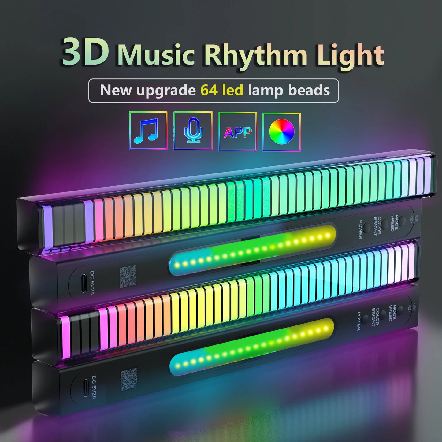 Smart RGB Sound Control Lights 3D Double Sided Pickup LED Lights Rhythm Ambient LAMP APP Control For Car Gaming Desktop Lights