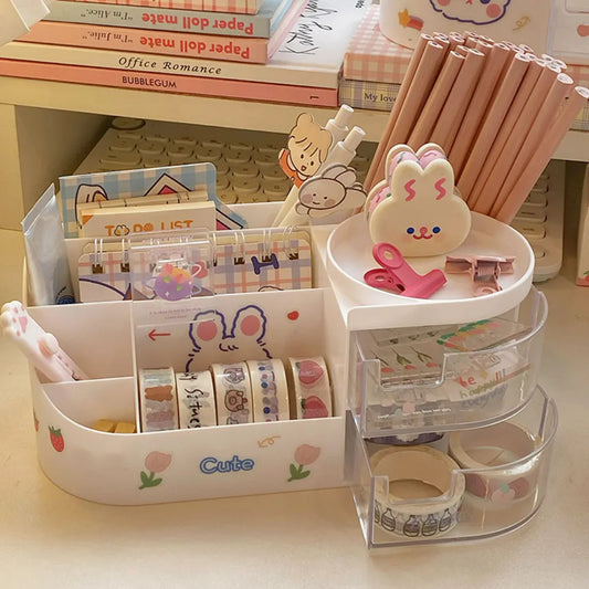 Creative Desktop Storage Box Organizer Plastic Drawer Transparent Kawaii Ins Multifunction Student Pen Holder Organizer Box Cute