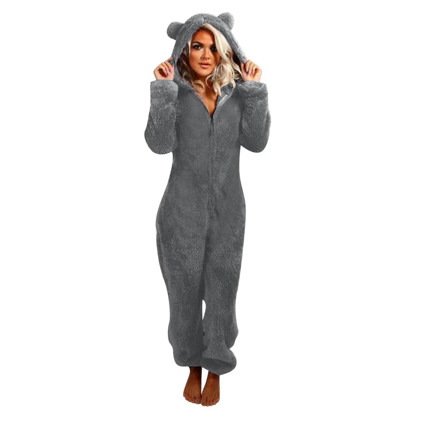 Winter Warm Pyjamas Women Onesies Fluffy Fleece Jumpsuit Sleepwear Overall Hood Sets Overall Plus Size Hood Adult Warmer Overcot