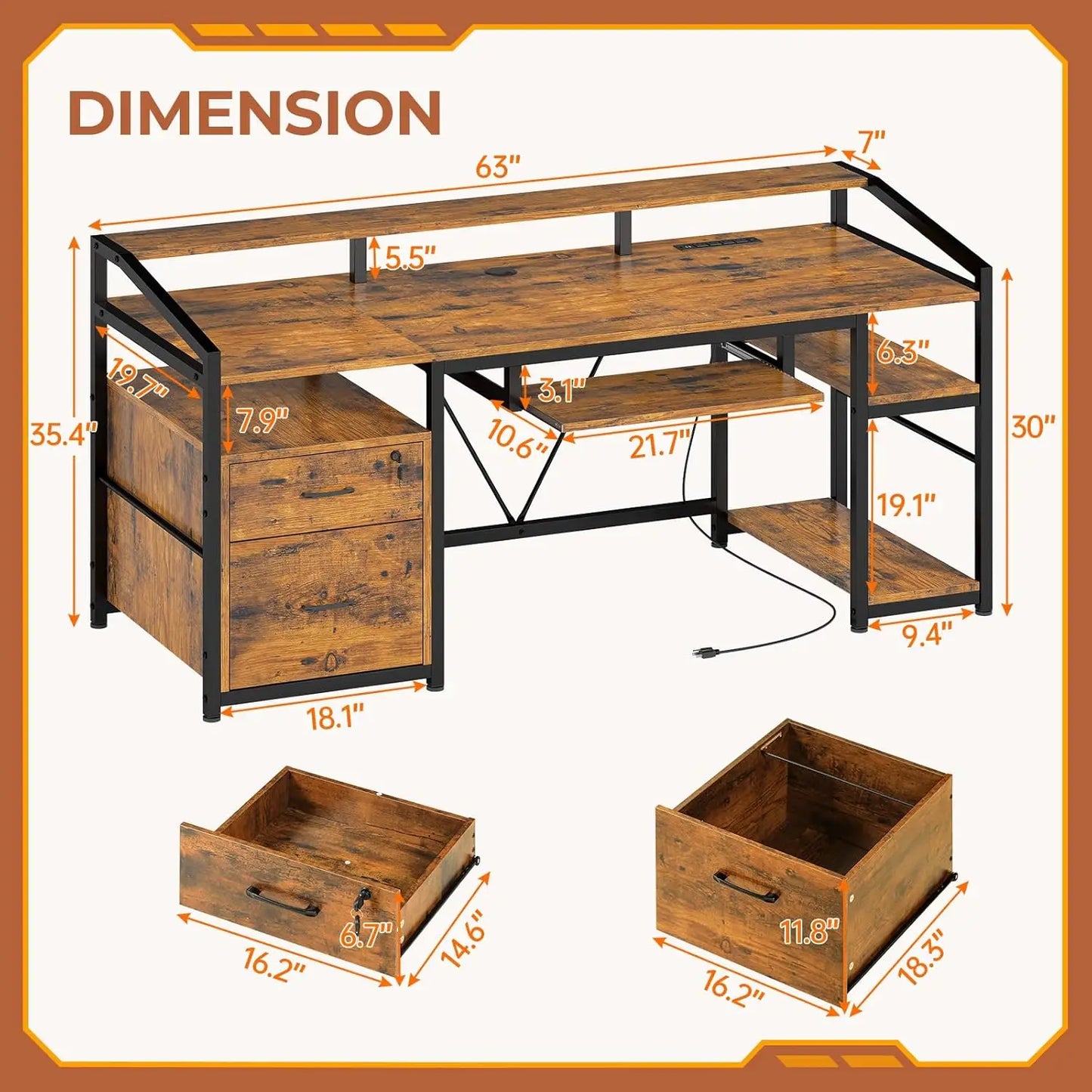 SEDETA 63" Computer Desk, Office Desk with Lockable Drawers for Legal/Letter File, Gaming Desk with LED Lights & Power Outlet,