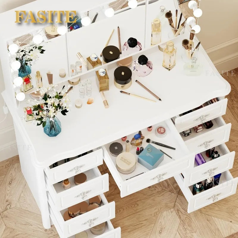 White Makeup Vanity Desk with 15 Light Bulbs & 3 Mirrors, Modern Vanity Table Dressing Table with 9 Drawers